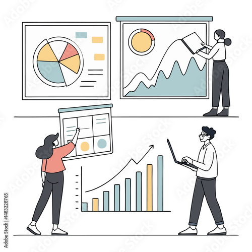 All images emphasize the use of charts, graphs, and other visual tools to interpret and present data.