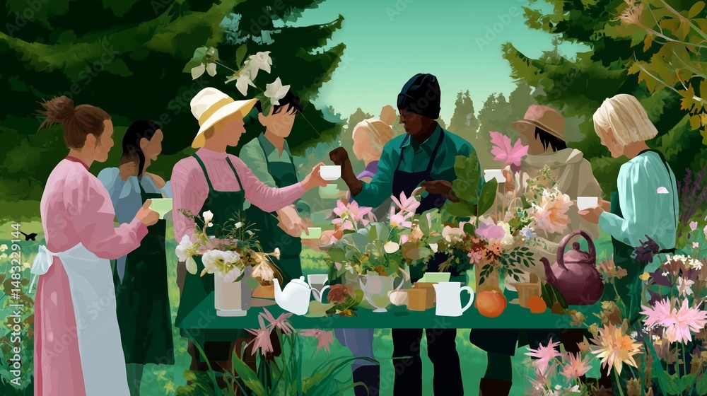 Gardening workshop participants creating floral arrangements together in a serene outdoor setting during a sunny afternoon