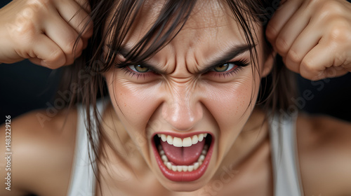 Furious angry young woman with an enraged expression and negative emotions. Ai Generative