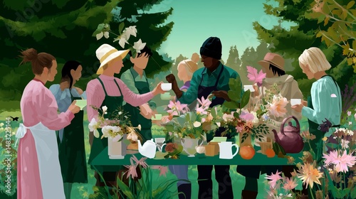 Obraz na płótnie Gardening workshop participants creating floral arrangements together in a serene outdoor setting during a sunny afternoon w salonie