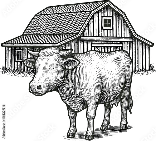 A black-and-white illustration of a barn with a cow standing in front, depicting rural farm life, livestock, and agricultural environment. Ideal for educational and farming references