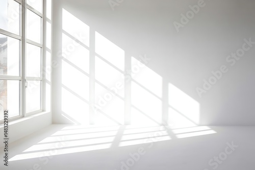 Sunlight casts dramatic shadows on a white room with a large window.