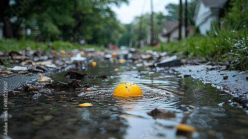 Innocent puddle forming by a child's toy evolving into destructive floodwaters carrying debris 