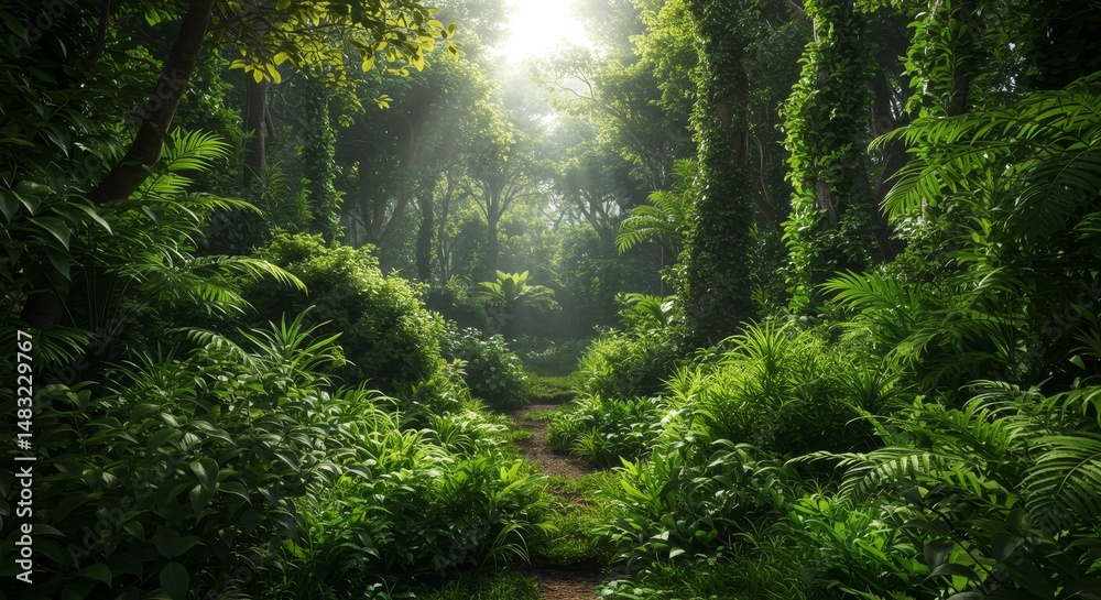 Obraz premium Lush Rainforest Path - Serene path through a vibrant, sun-dappled rainforest. Lush green foliage and towering trees create a tranquil atmosphere