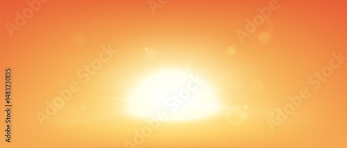Sunset on red sky background with realistic sun lens flare light effect. Summer evening vector illustration.