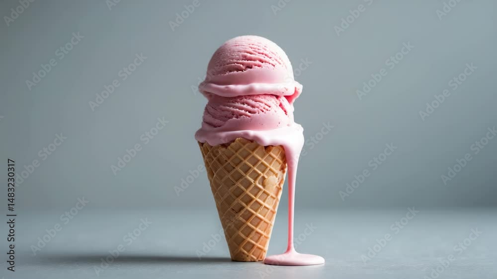 Ice cream cones with strawberry flavor set in a background.