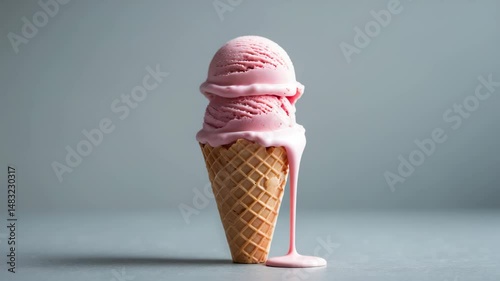 Ice cream cones with strawberry flavor set in a background.