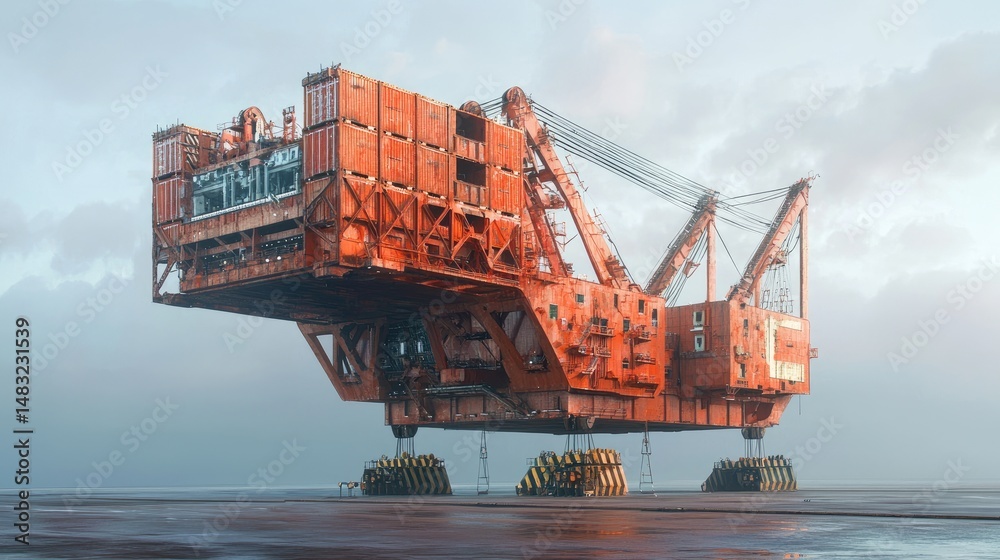 Fototapeta premium Large, rusty, orange industrial crane on a platform.