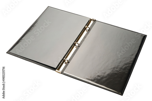 An open three-ring binder displaying empty, reflective sleeves.