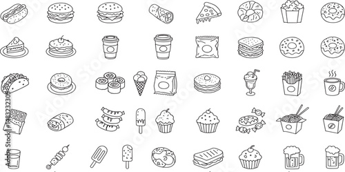 Fast Food Editable Icons set. Vector illustration in modern thin line style of restaurant menu related icons: burger, French fries, desserts, and more.