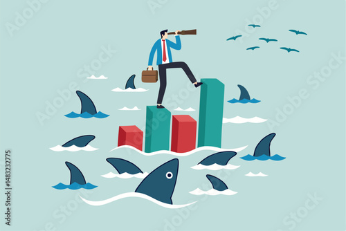 Risk management for investment or stock trading, crypto currency or economic, market volatility or uncertainty challenge, investment strategy concept, businessman with telescope on risky graph.