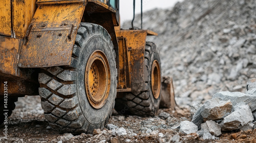 Fototapeta premium Close-up of a rusty construction vehicle tires on a quarry site.