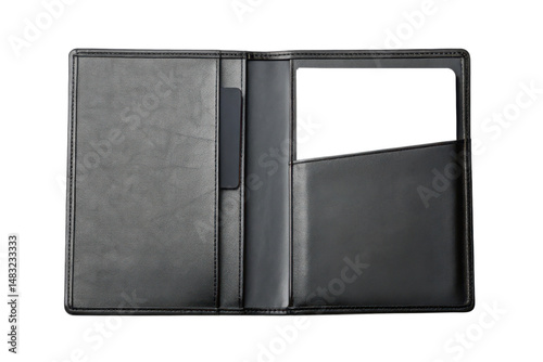A sleek black leather folder with organized compartments for documents and cards.