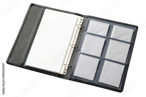 A black binder with a ring mechanism, blank pages, and multiple card holder slots.