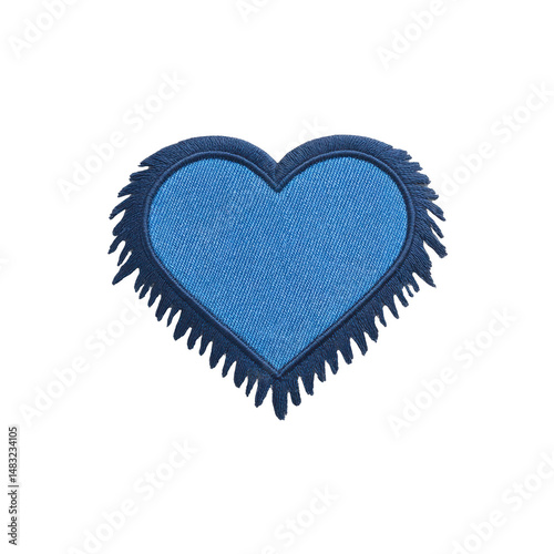 Blue heart shaped fabric patch with fringed border, isolated on transparency background, conveys sense of creativity and style
