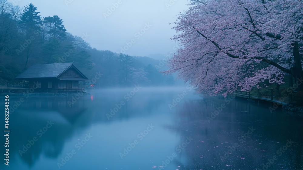 Fototapeta premium Misty morning on a serene lake, with cherry blossoms