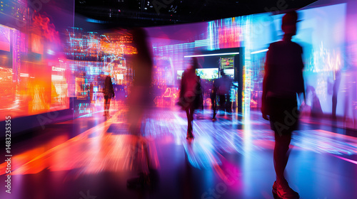 IT business convention, demonstration booth. Long exposure. Blurred human motion.