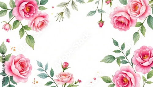 Delicate watercolor roses & leaves, repeating pattern, illustration, surface, red