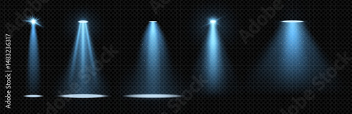 Blue spotlight set with glowing beams on dark background. Realistic volumetric vector effect for stage, concert or nightclub scenes. Sparkling glare and flash for dynamic entertainment design.