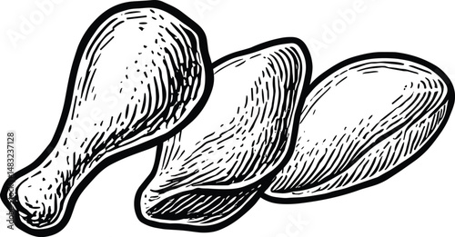Black-and-white line drawing of chicken meat cuts including drumstick and breast, highlighting detailed shapes and textures. Ideal for culinary, educational, and food industry use
