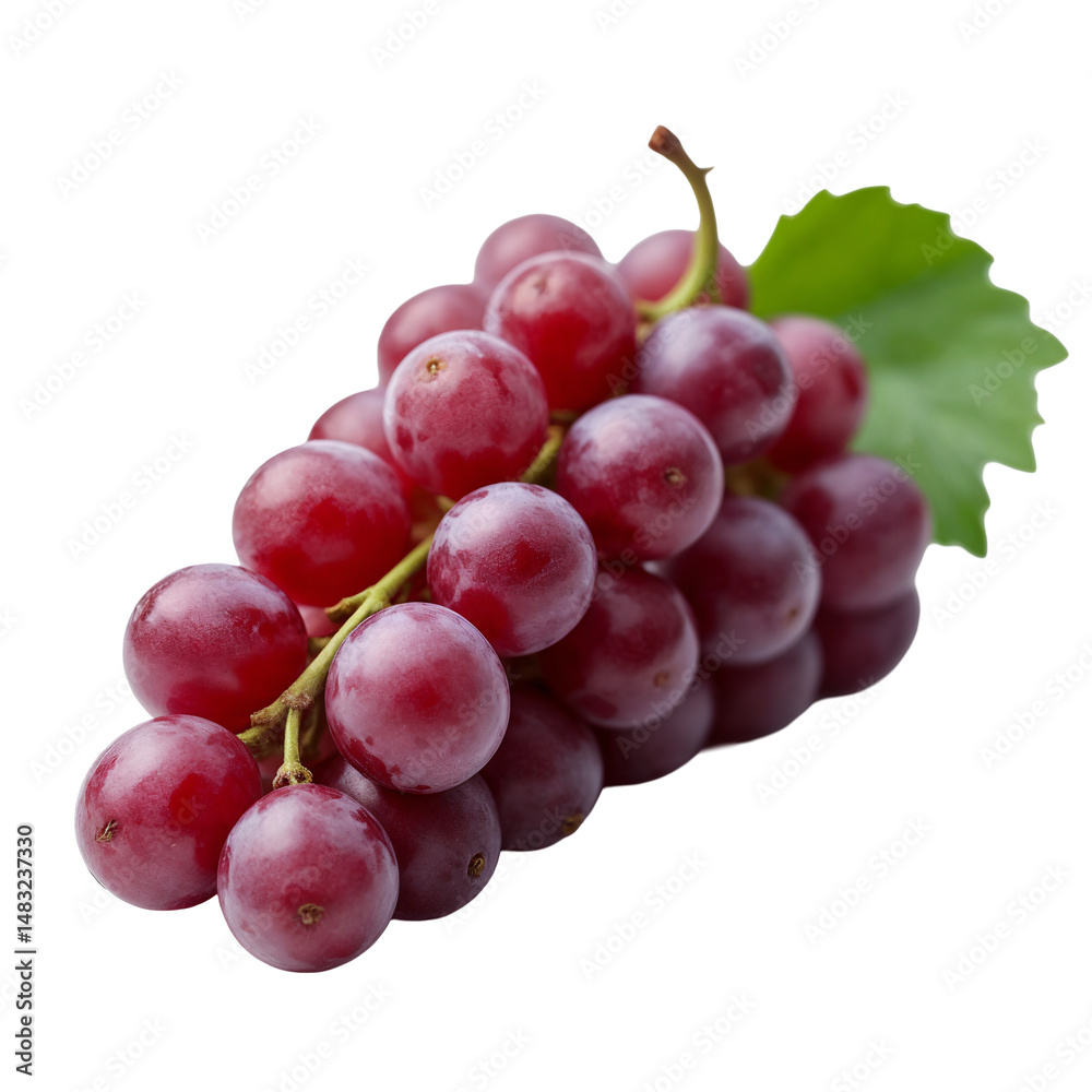 A bunch of red grapes with a green leaf on top of it A bunch of red grapes with a green leaf on top of it