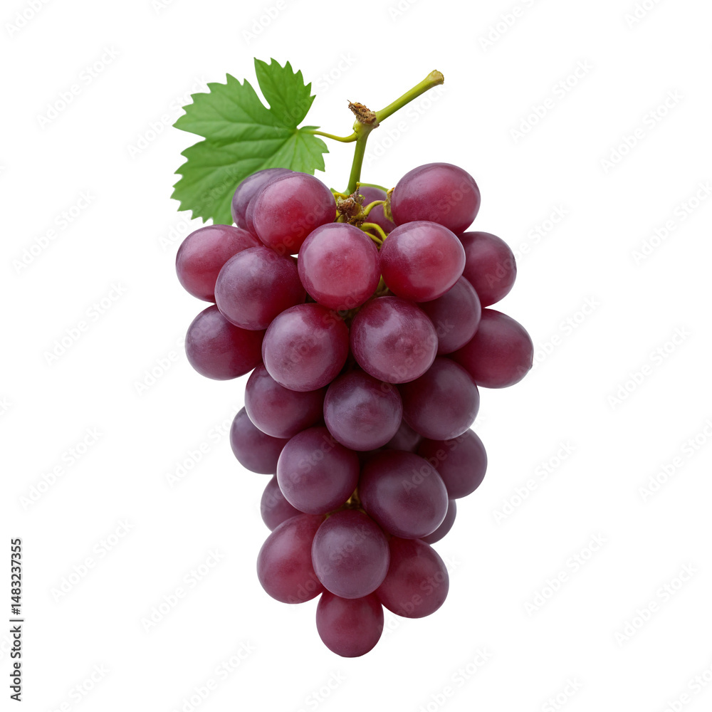 A bunch of purple grapes with a green leaf on top A bunch of purple grapes with a green leaf on top