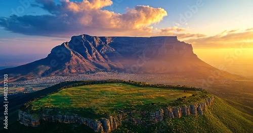 A breathtaking aerial view of a majestic mountain range at sunset.