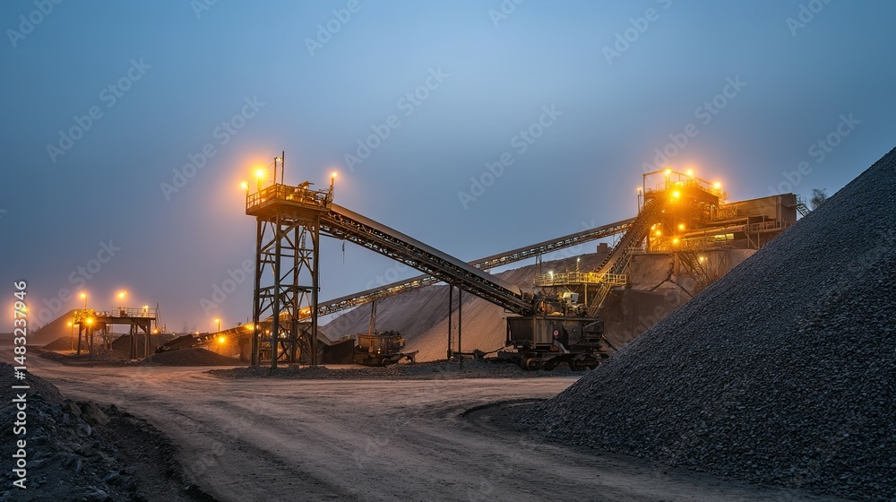 Fototapeta premium Industrial mining operation at twilight with illuminated conveyors.
