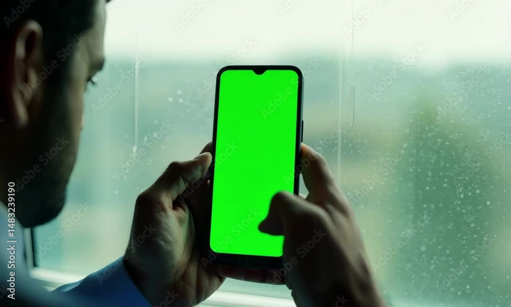 Man Viewing Green Screen Smartphone: A man in a business shirt looks intently at his smartphone, which displays a vibrant green screen.