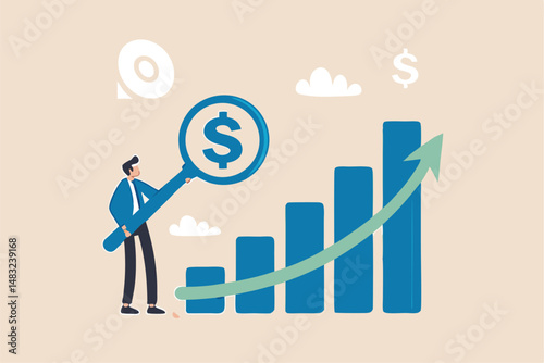 Revenue or salary increase, growth investment profit or earning from stock market, money or wages growing concept, businessman with magnifying glass on dollar money sign with growth graph and chart.