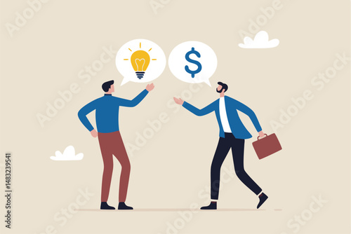 Venture capital, project pitching for funding or VC investment, selling idea for money or angel investment for startup project concept, young entrepreneur pitching idea to raise venture capital fund.