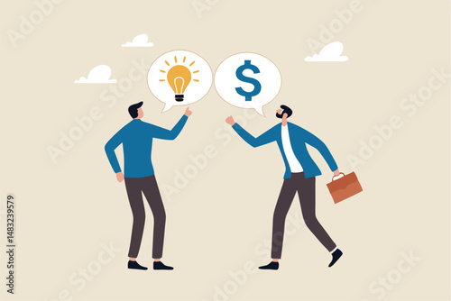Venture capital, project pitching for funding or VC investment, selling idea for money or angel investment for startup project concept, young entrepreneur pitching idea to raise venture capital fund.