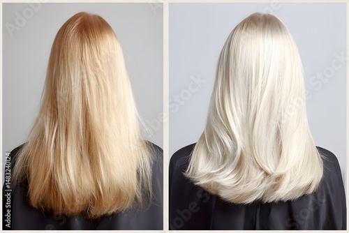 A detailed comparison of two individuals with long blonde hair showcasing different shades and styles from the back perspective highlighting texture and color