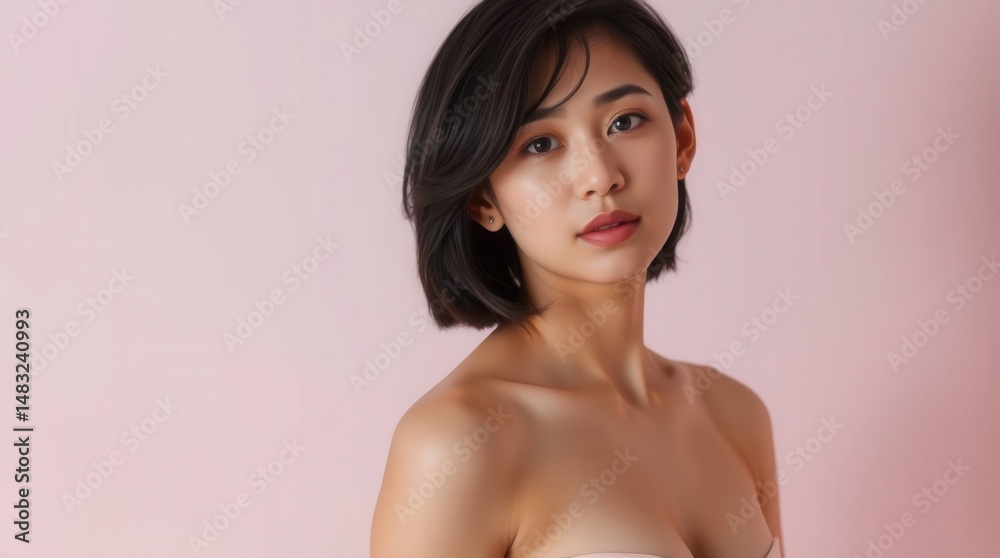 Obraz premium Beautiful Young Asian Woman with Short Hair Portrait