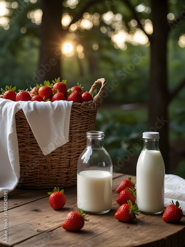 basket of strawberries, on rustic wooden table outdoor