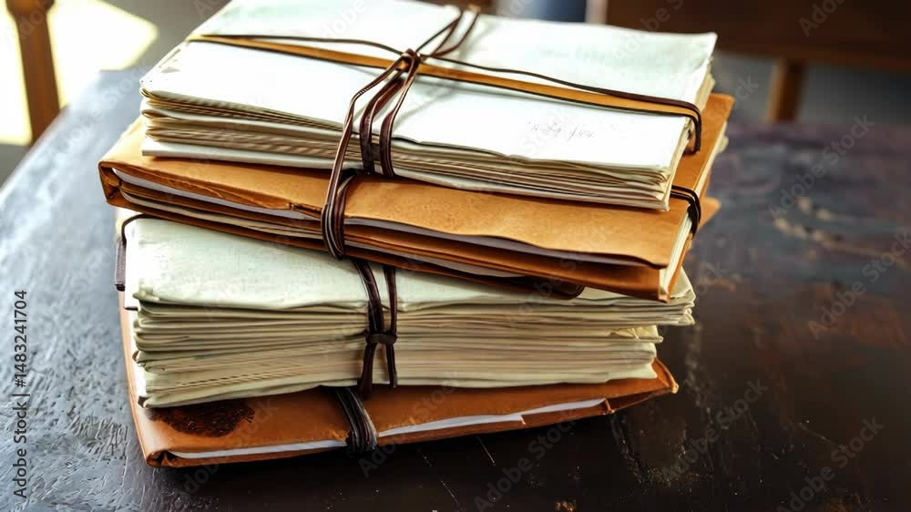 stack of bound journals on weathered wood surface, documents tied with leather cords, aged paper
