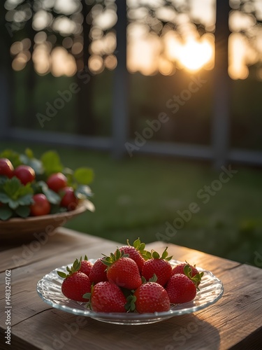 basket of strawberries, on rustic wooden table outdoor