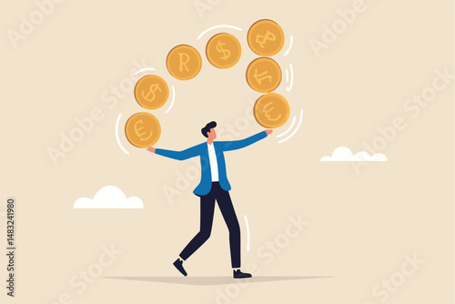 Currency exchange, international money transfer or foreign exchange, forex trading, global financial economy or currency convert concept, rich businessman juggling various international money coins.