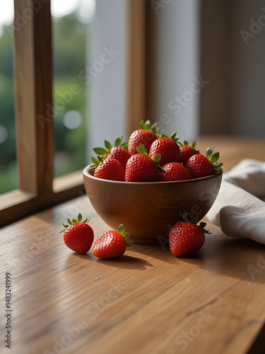Fresh strawberries in wooden bowl  on wooden table, outdoor