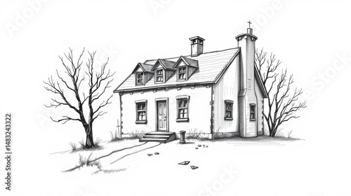 Charming Cottage House Drawing, Bare Trees, Pencil Sketch