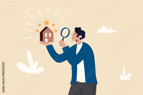 Property appraisal or price evaluation, housing assessment for market value, residential sale, rating or real estate review concept, businessman appraiser magnifier review property with star rating.
