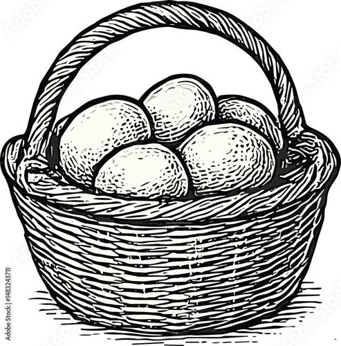 A detailed black-and-white hand-drawn illustration of duck eggs nestled in a woven basket, symbolizing rural poultry farming, natural food sources, and traditional farm life
