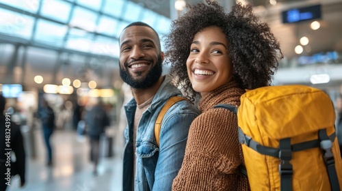 Excited couple checking flight at airport terminal