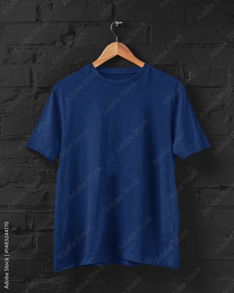 Navy blue T-shirt mockup on hanger placed on a black brick wall for print on demand Navy blue T-shirt mockup on hanger placed on a black brick wall for print on demand