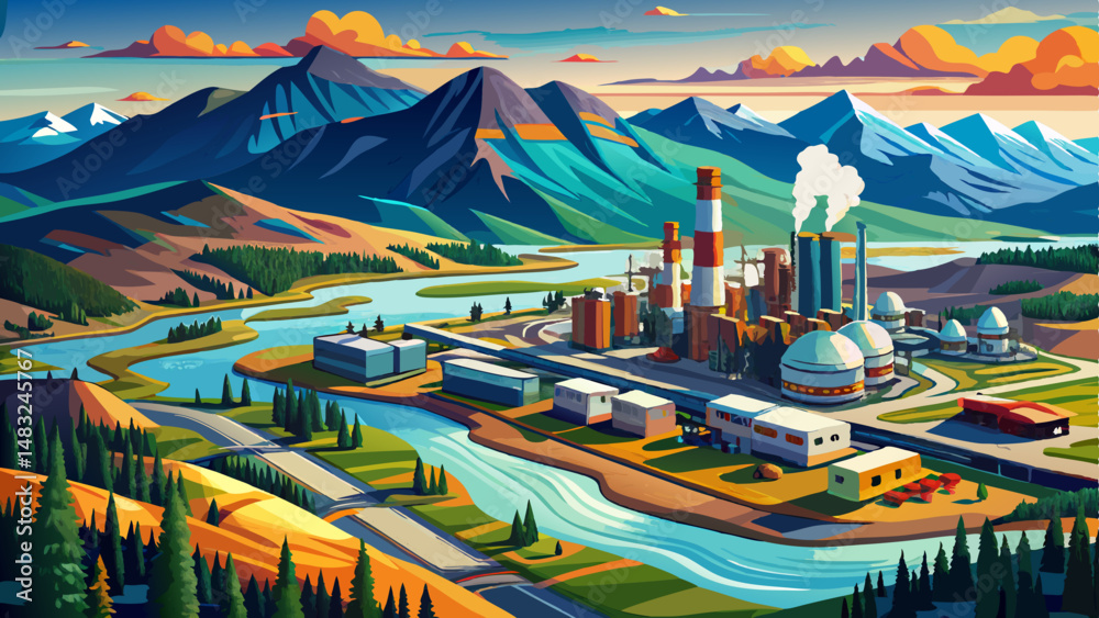 Naklejka premium Aerial Panoramic Canadian Oil Refinery Athabasca river Alberta