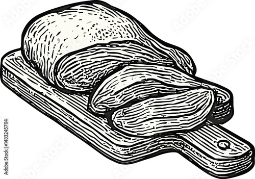 Black-and-white hand-drawn illustration of a person wearing a wide-brimmed hat, arranging fresh duck meat and fish, showcasing traditional rural aquaculture and artisanal food preparation