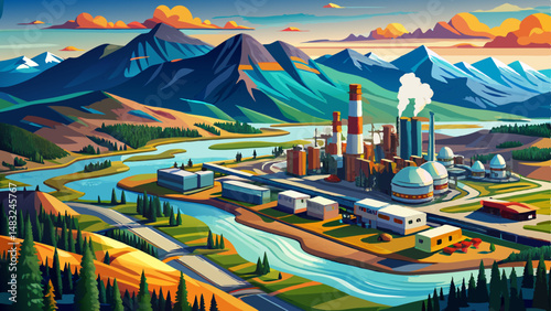 Aerial Panoramic Canadian Oil Refinery Athabasca river Alberta