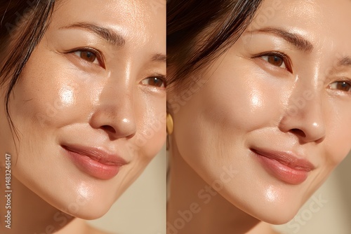 A detailed comparison of two side-by-side portraits showcasing the natural beauty and subtle differences in skin texture and facial features of an Asian woman