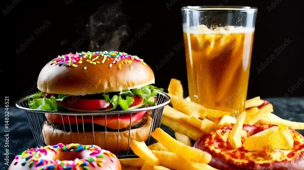 Colorful Sprinkle Burger with Donut Pizza And Fries and Refreshing Beer Served on Dark Textured Table Against Black Backdrop