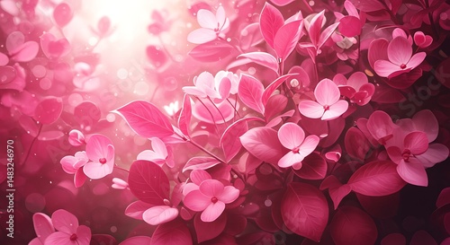Pink Flowers and Leaves, Backlit, Spring Bloom